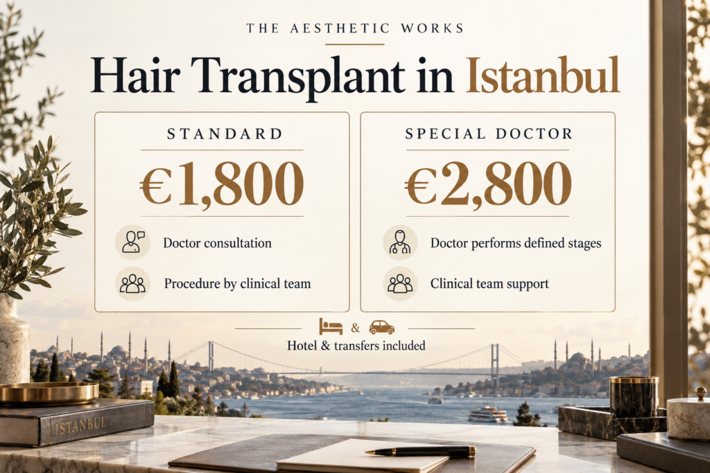 Istanbul hair transplant packages: €1,800 Standard and €2,800 Special Doctor, including hotel and transfers.